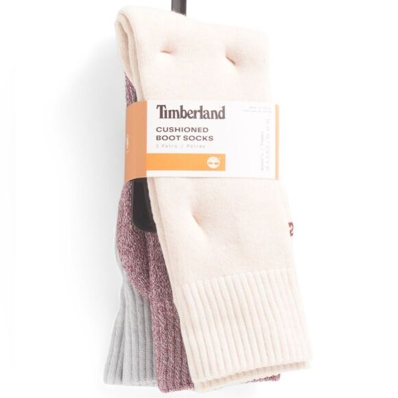 Timberland Beige Burgundy Gray W6.5-9.5 Knit Cushioned Boot Socks 3 pk - Picture 1 of 11